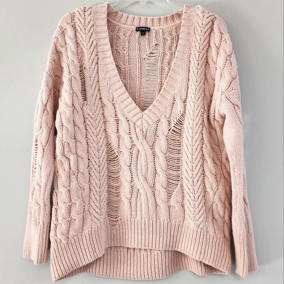 Express Sweaters - Express cable knit distressed slouchy  low scoop vneck peach sweater
